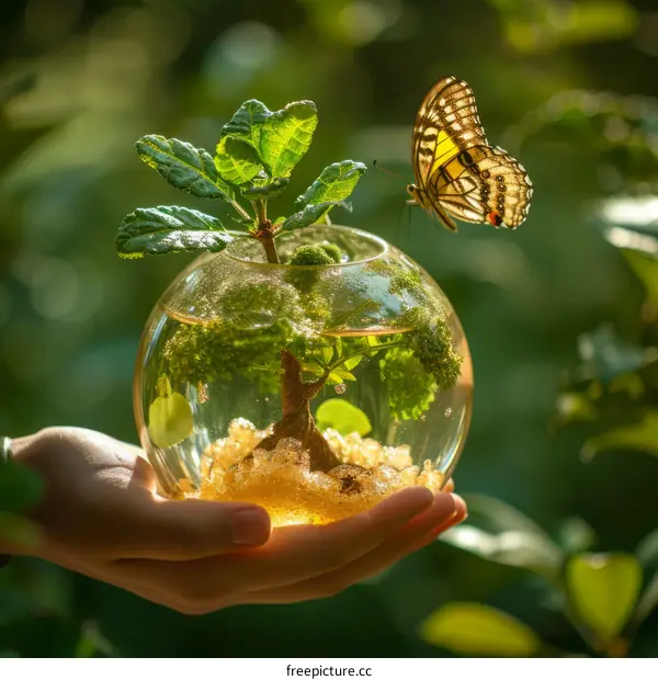 A hand holding a glass ball with a tree and a butterfly