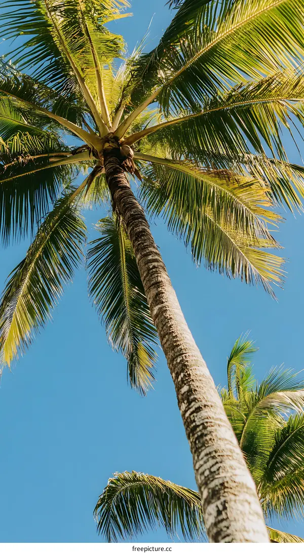 Palm Tree Trunk and Fronds Under a Blue Sky