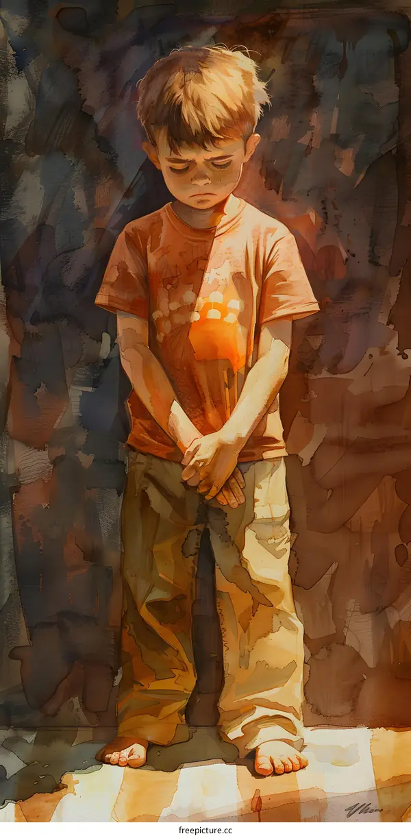 boy sad watercolor painting