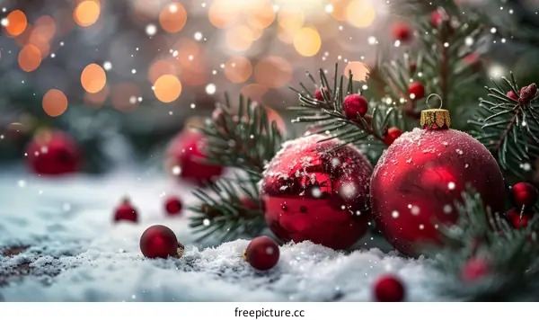 Red Christmas ornaments on snow with a snowy pine branch