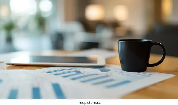 Black coffee cup and tablet on desk with graphs and charts