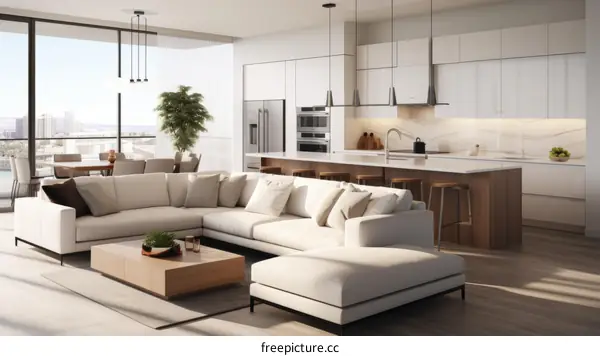 An illustration of a modern living room and kitchen with a large sofa, coffee table, dining table, and kitchen island