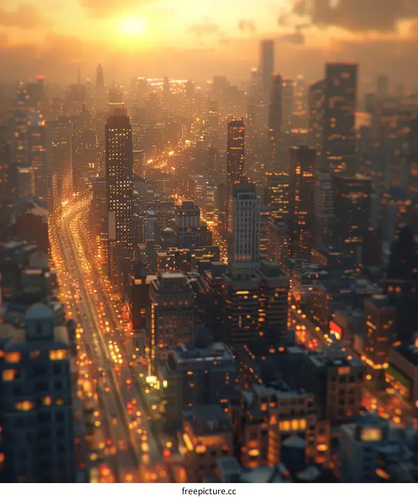 Sunset City Skyline Aerial View Illustration