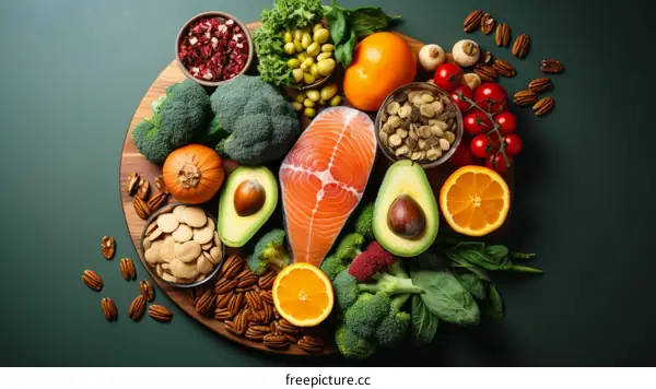 An assortment of healthy food including fish, vegetables, and fruit
