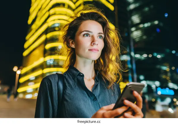 Night City Woman Using Smartphone