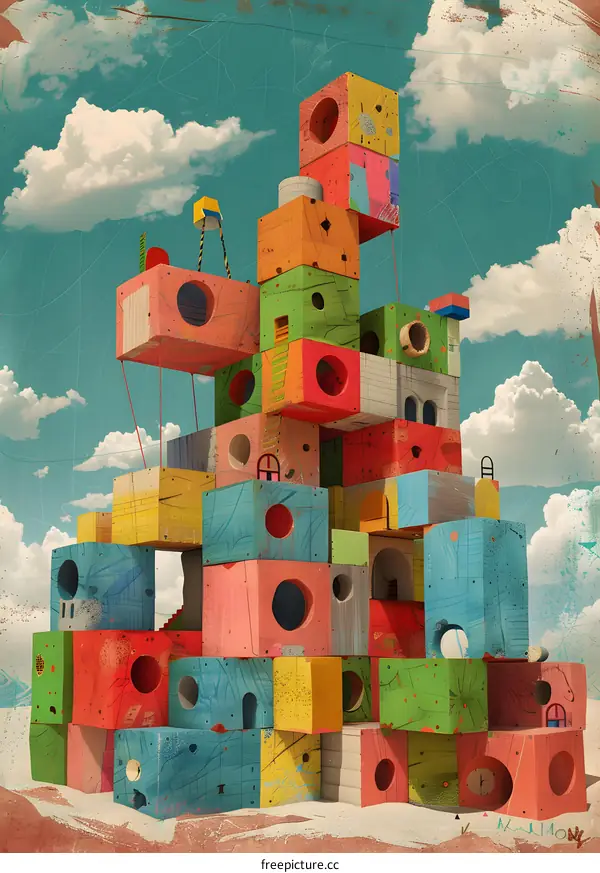 Abstract Colorful Building Blocks with Sky and Clouds