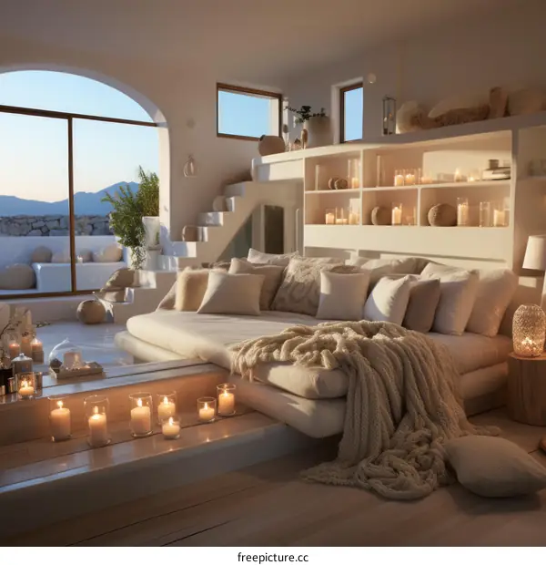 Cozy Living Room with White Sectional Sofa and Pillows