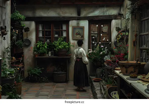 A woman standing in a courtyard with plants and flowers