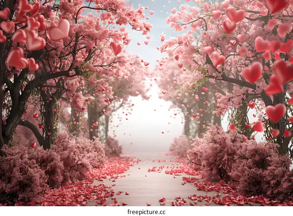 Pink cherry blossom trees with falling heart-shaped balloons