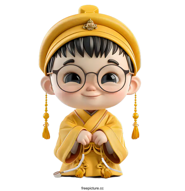 [Transparent Background PNG]3D rendering of a cute cartoon boy in a yellow robe