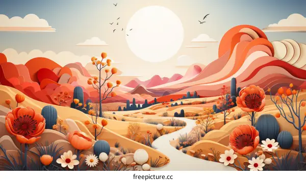 Desert landscape with red mountains and cacti