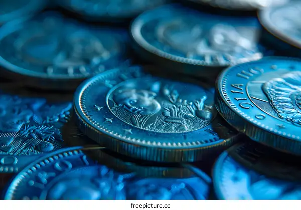 A pile of blue coins