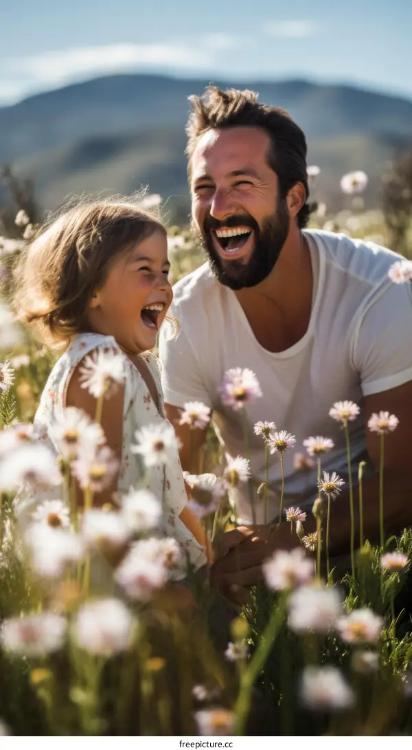Father and daughter laughing in a field of flowers