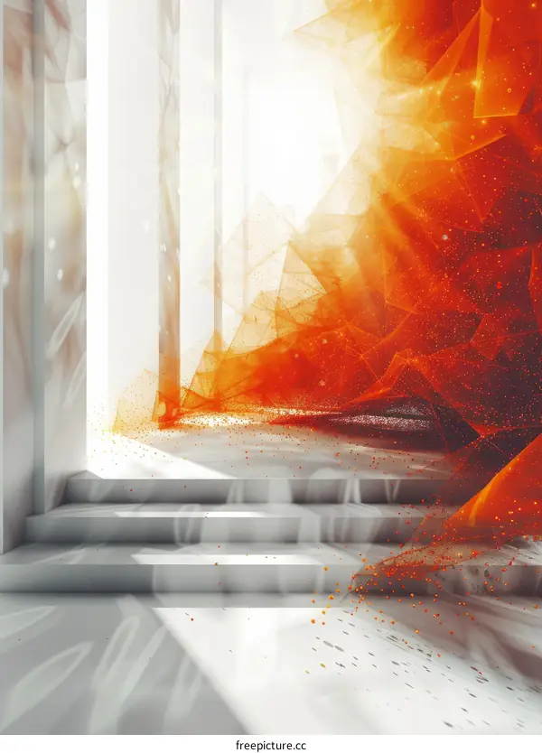 Glowing Orange Particles in a Futuristic Empty Room with Stairs