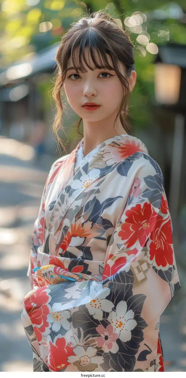 Asian Woman in Traditional Japanese Kimono in Nature
