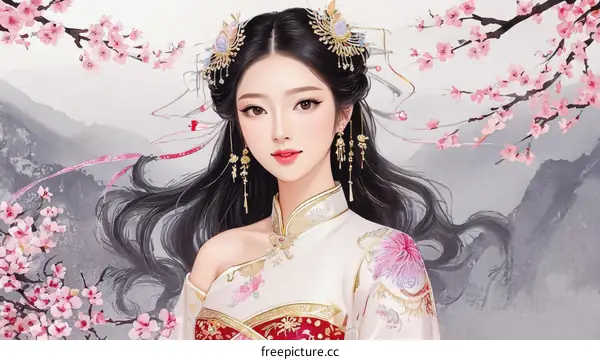 Asian Woman in Traditional Chinese Dress with Cherry Blossoms
