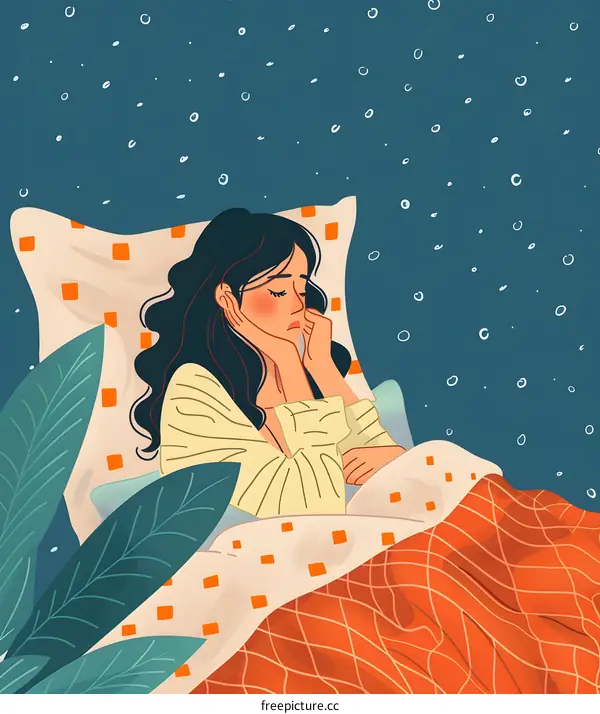 Woman Lying In Bed With A Blanket Illustration