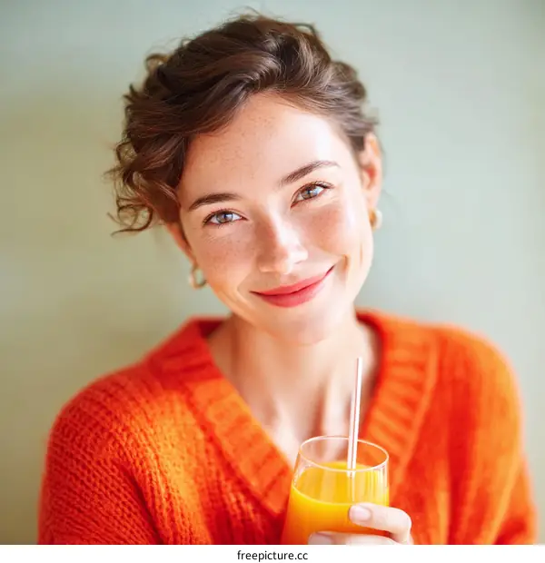 Woman wearing orange sweater holding glass of orange juice