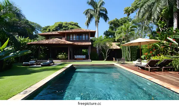 Luxury resort with swimming pool in tropical garden