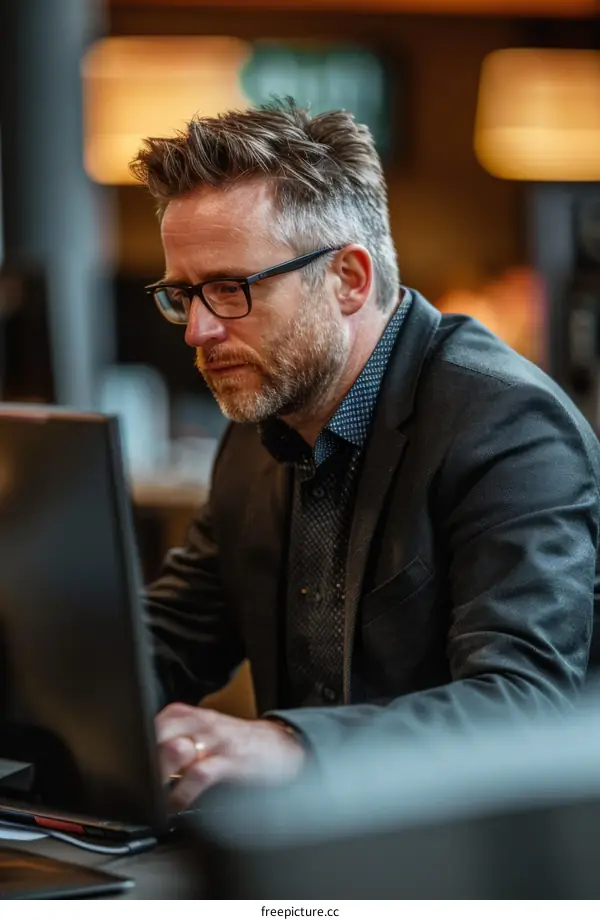 Businessman working on laptop in cafe