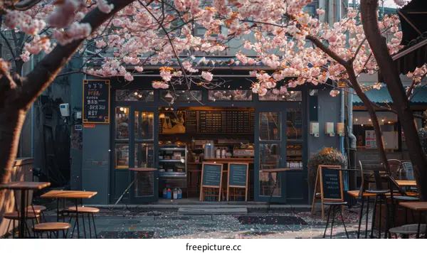 Coffee shop with pink cherry blossom trees in front