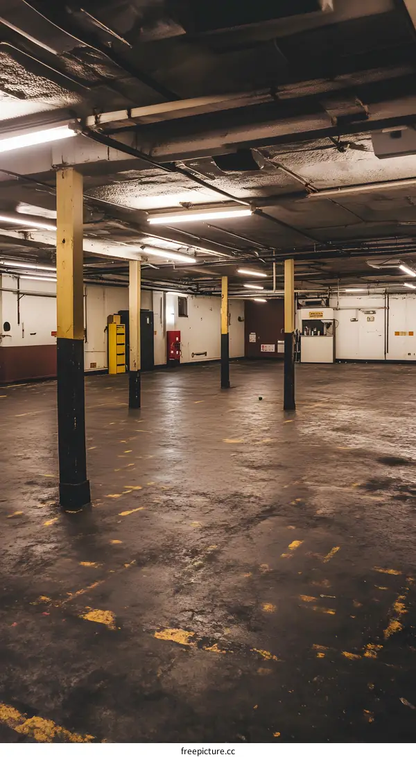 Empty Underground Parking Garage With Yellow Lines