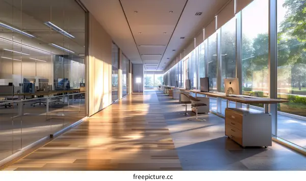 An empty office hallway with wooden flooring and large windows