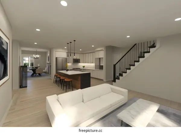 Modern Open Concept Home Interior Design with Kitchen Island and Stairs