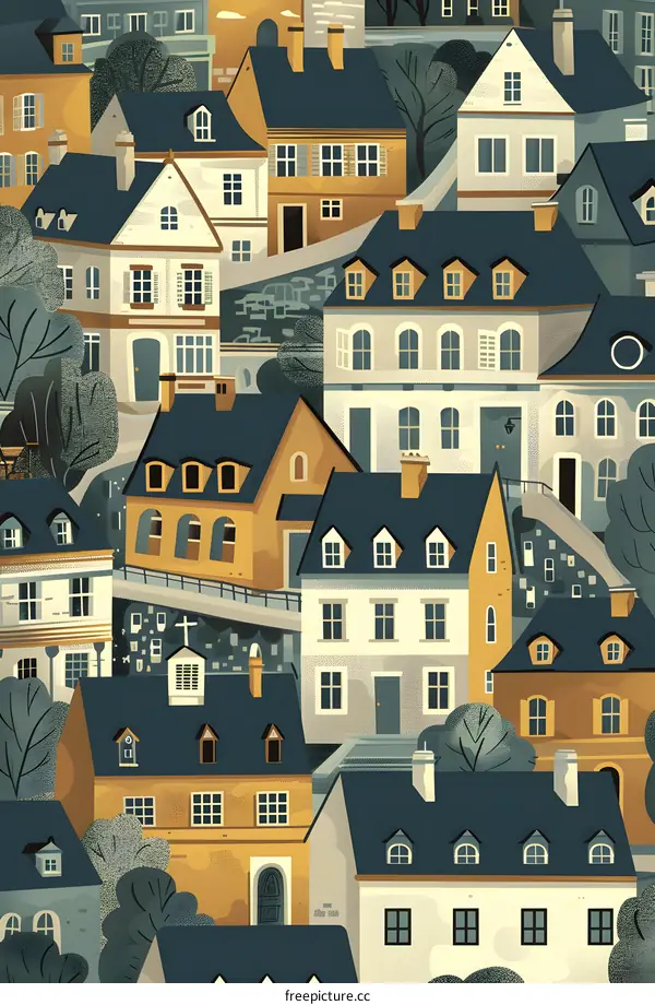 Colorful Illustration of European Cityscape with Houses