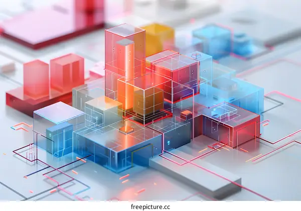 Abstract 3D rendering of a city with glass skyscrapers.