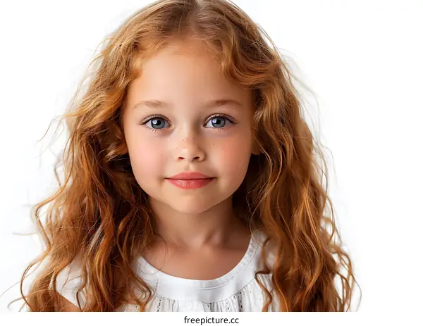 Portrait of a cute little red-haired girl with freckles on her face