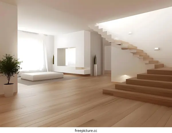 Modern Minimalist Home Interior Design With White Walls And Wooden Stairs