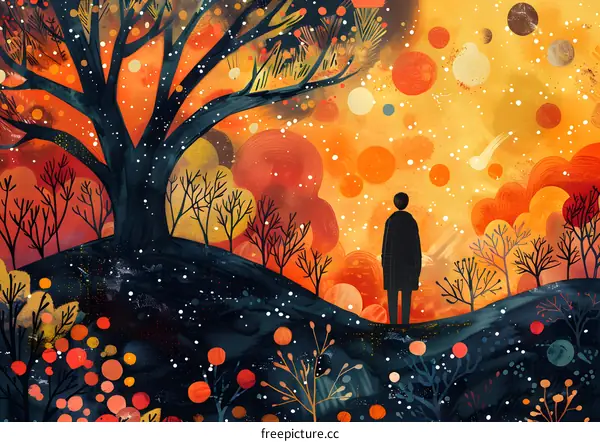 Abstract Illustration of a Person Standing in a Forest with a Colorful Sky