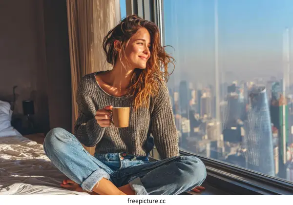 Woman enjoying a coffee with city view
