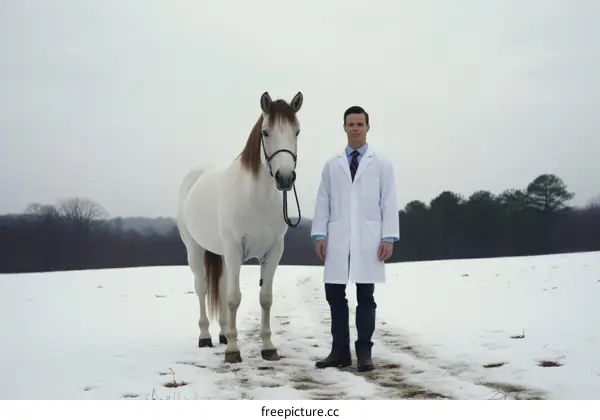 A veterinarian stands with a white horse in a snowy field