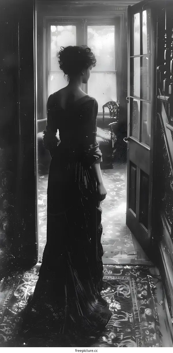 Lady in a long dress standing in a doorway