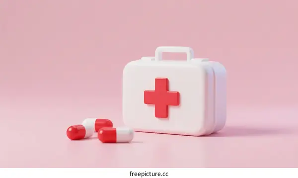 First Aid Kit with Pills on Pink Background for Medical Preparation