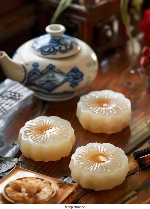 Chinese Traditional Dessert Flower Shaped Cakes on Wooden Table