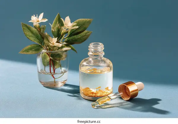 Gold Serum with Blossoms on Teal Background