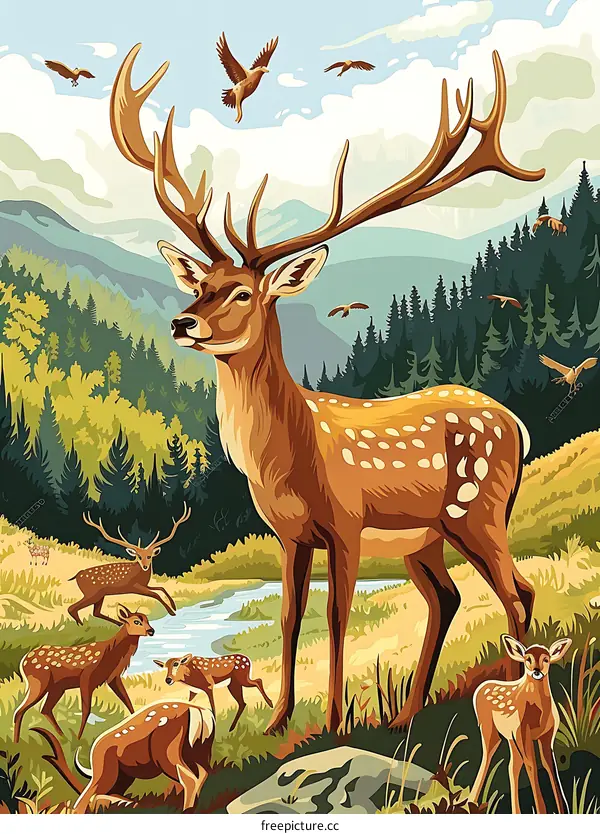 Majestic Stag and Fawn Family in Mountain Landscape