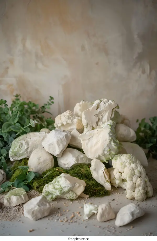 Cauliflower and Rocks on a Green Mossy Surface