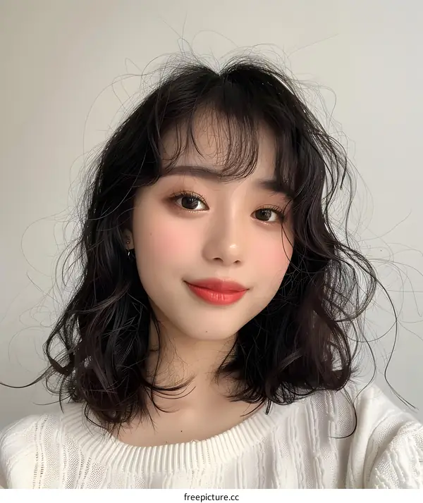 Asian Woman with Short Wavy Hair and Red Lipstick