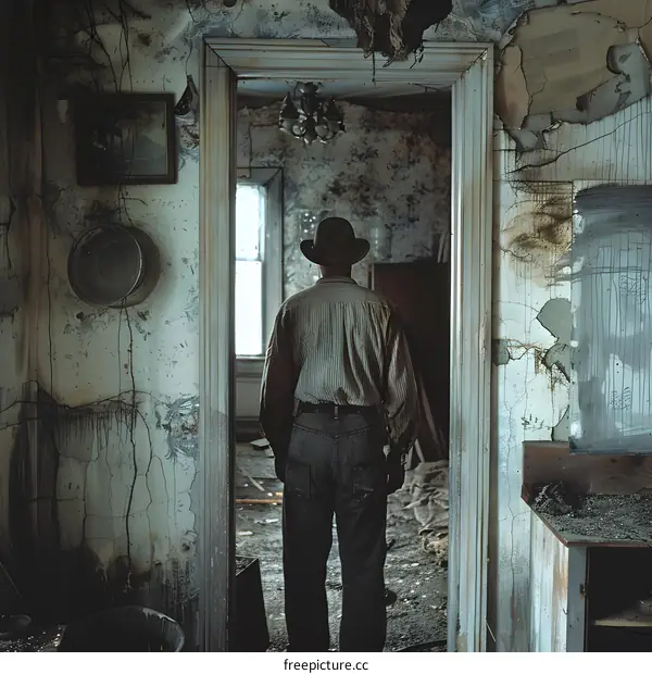 A man standing in a doorway of an abandoned house