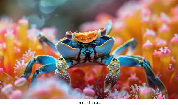 A brightly colored crab sits on a bed of coral