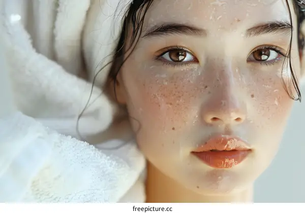 Close-up portrait of a beautiful young woman with wet hair and freckles on her face