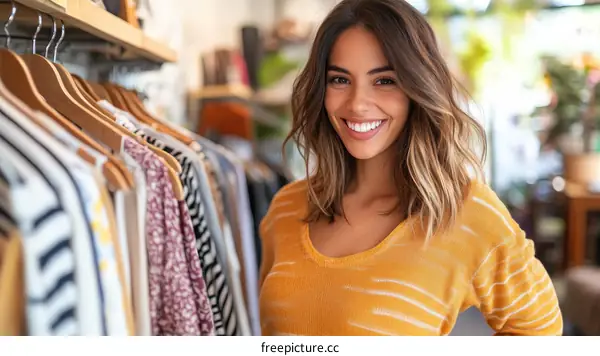 Smiling Woman Browsing Clothing in a Shop