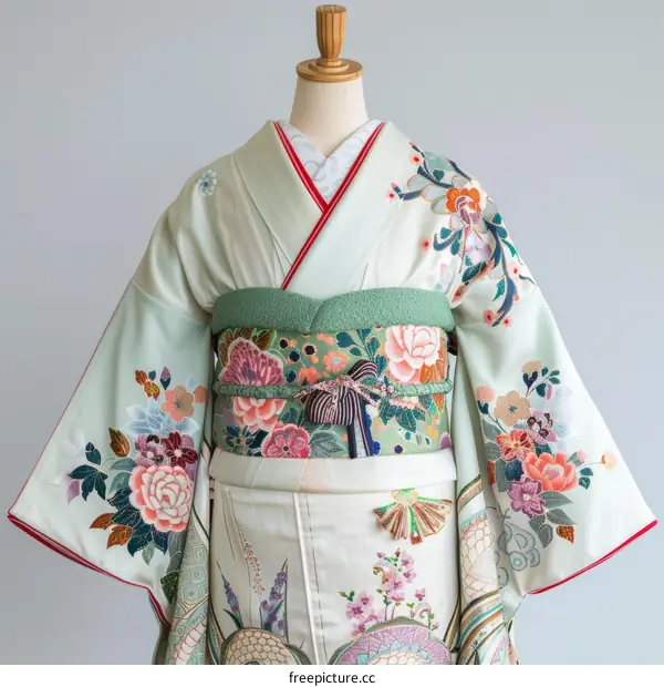 A woman wearing a light green kimono with floral embroidery