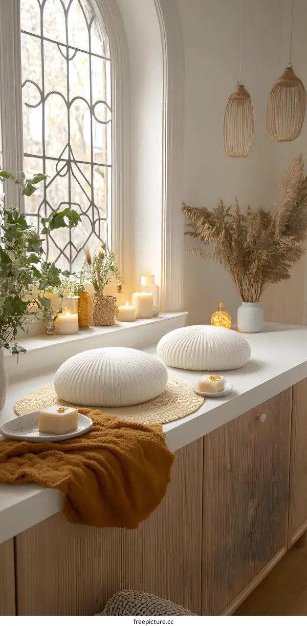 White Cushions on Window Sill With Candles and Plants