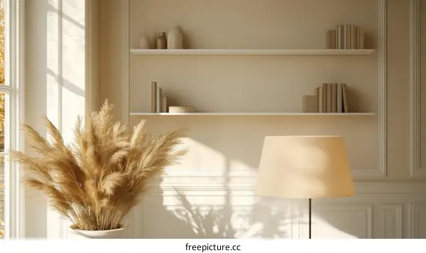 Elegant Neutral Room with Bookshelves and Pampas Grass