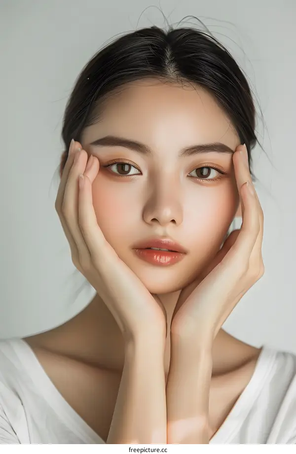 Beautiful Asian Woman Portrait with Soft Makeup and Simple White Shirt